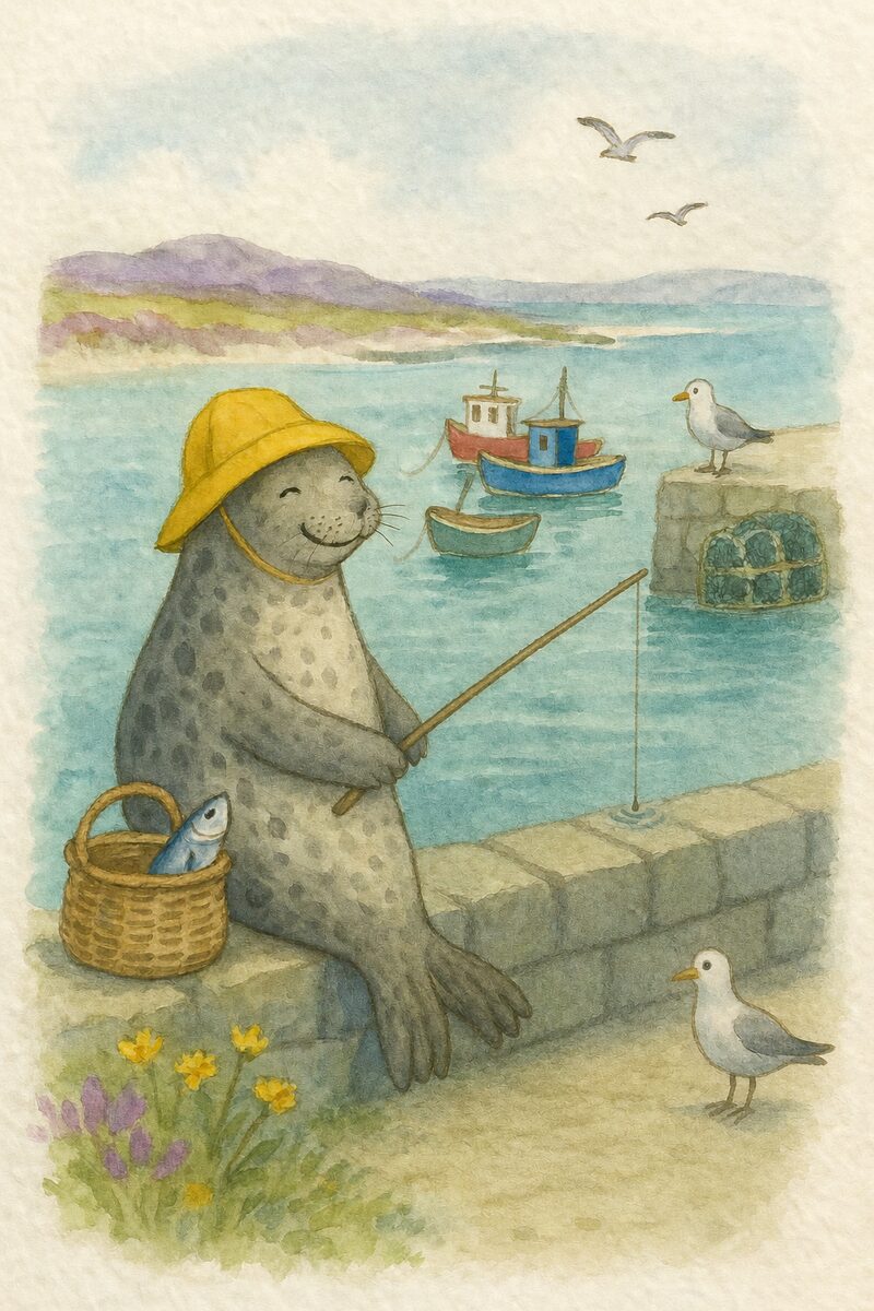 Watercolour card: Angus the seal, fishing