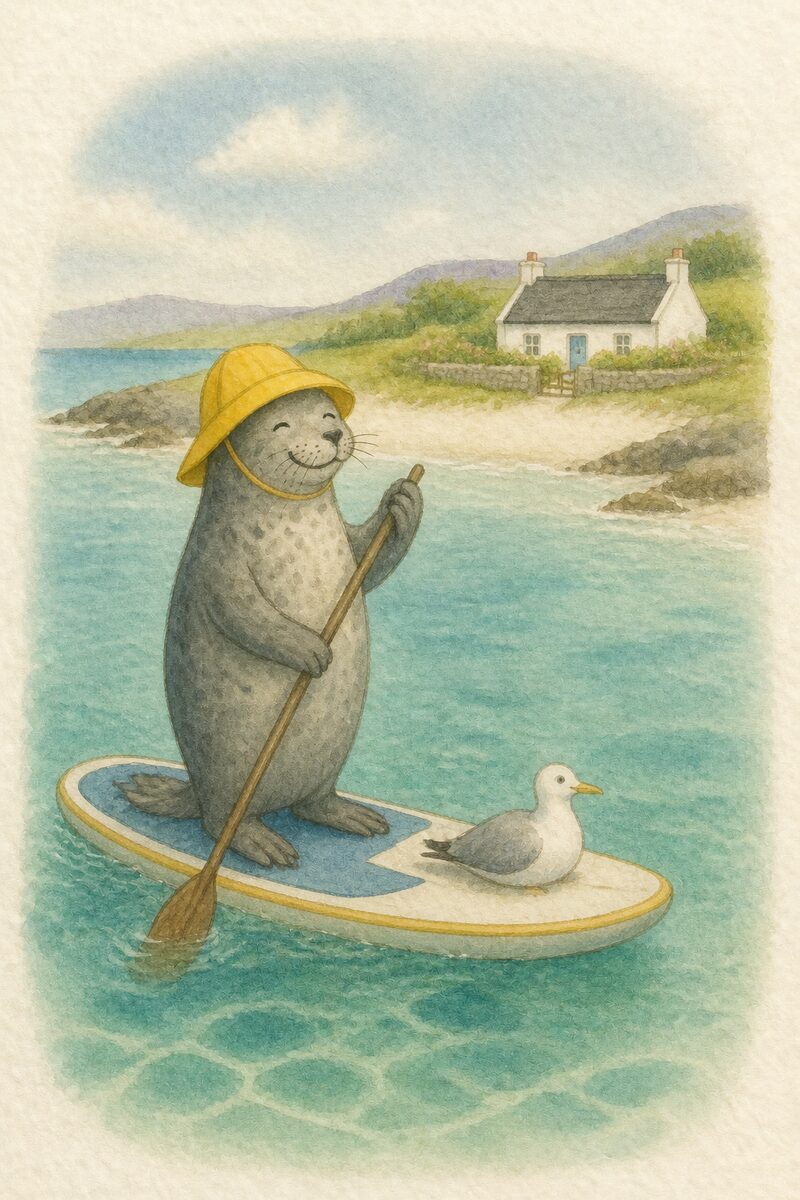 Watercolour card: Angus the seal, paddleboarding past a white croft house with a seagull on the board
