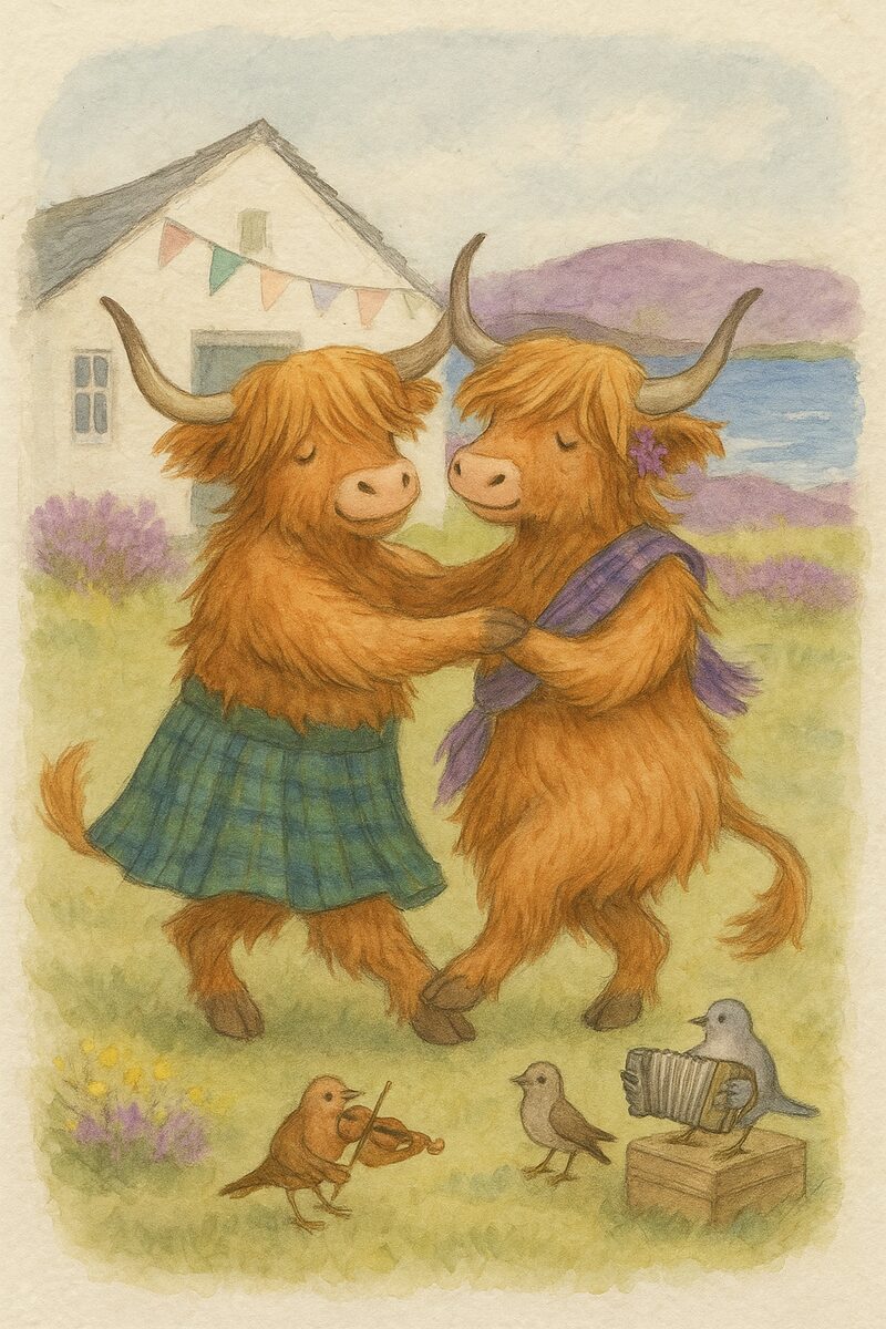 Watercolour card: Donnie and his sweetheart, ceilidh dancing