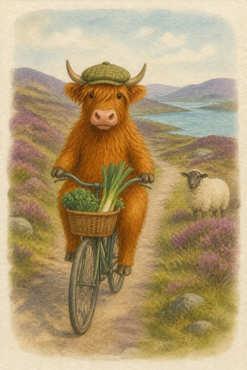 Watercolour card: Donnie the Highland cow, cycling