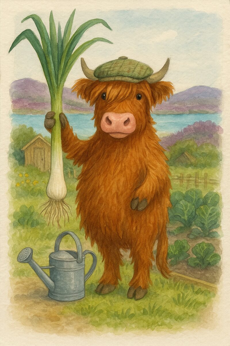 Watercolour card: Donnie the Highland cow, prize leek