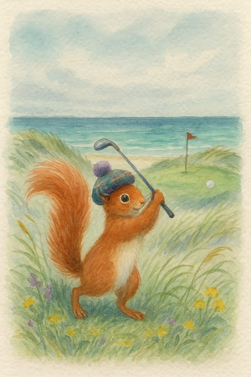 Watercolour card: Dougie the red squirrel, golfing