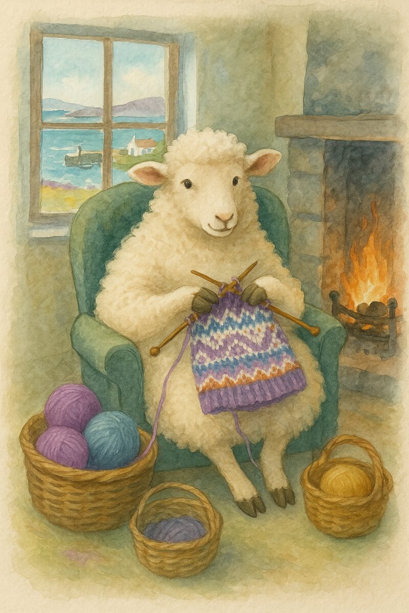 Watercolour card: Effie the sheep, knitting