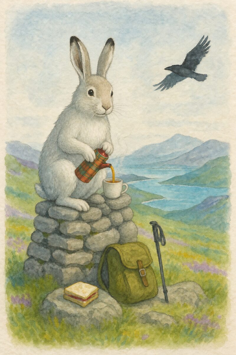 Watercolour card: Finlay the mountain hare, tea at the summit