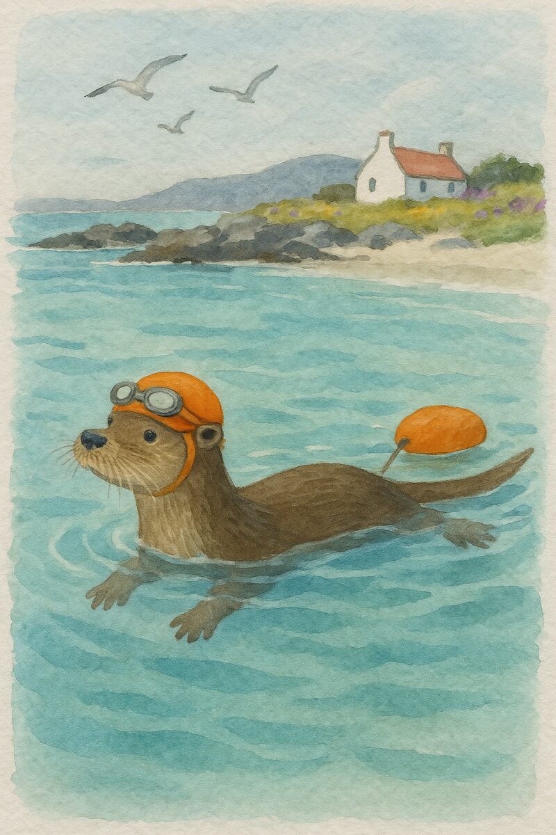 Watercolour card: Flora the otter, wild swimming
