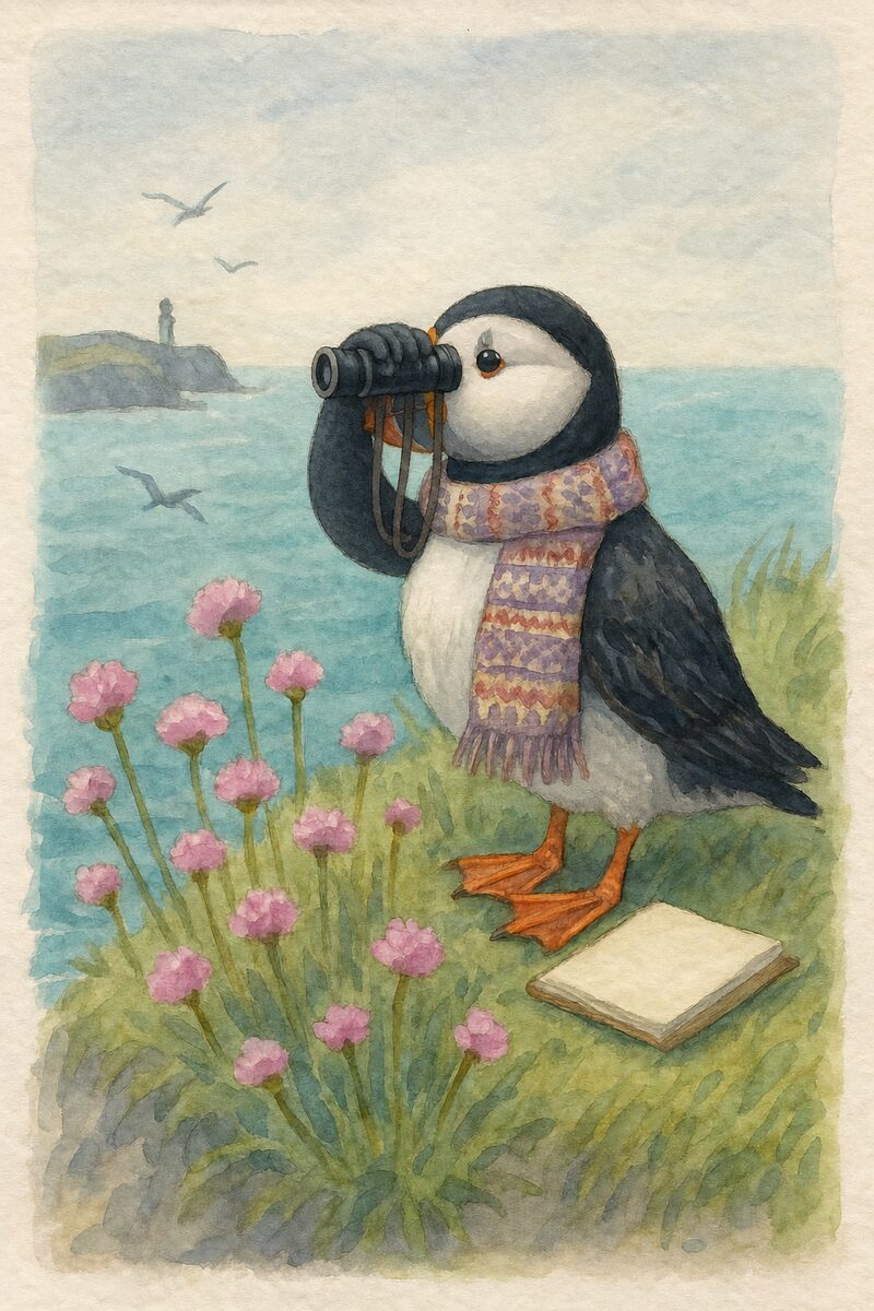 Watercolour card: Peigi the puffin, birdwatching