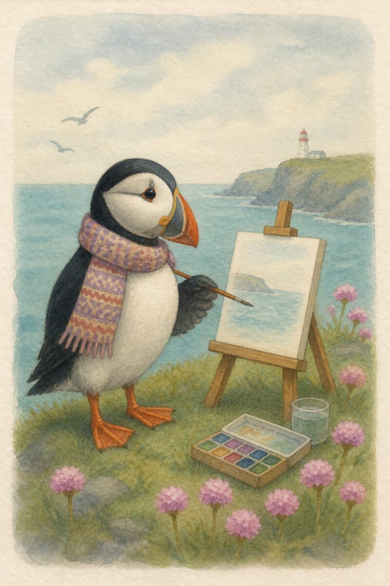 Watercolour card: Peigi the puffin, painting