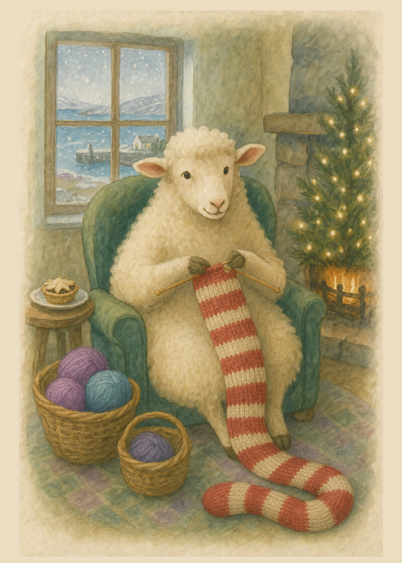 Watercolour Christmas card: Effie the sheep, the Christmas stocking