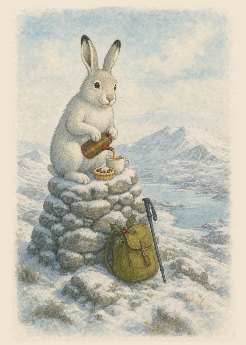Finlay the mountain hare, mince pie at the summit